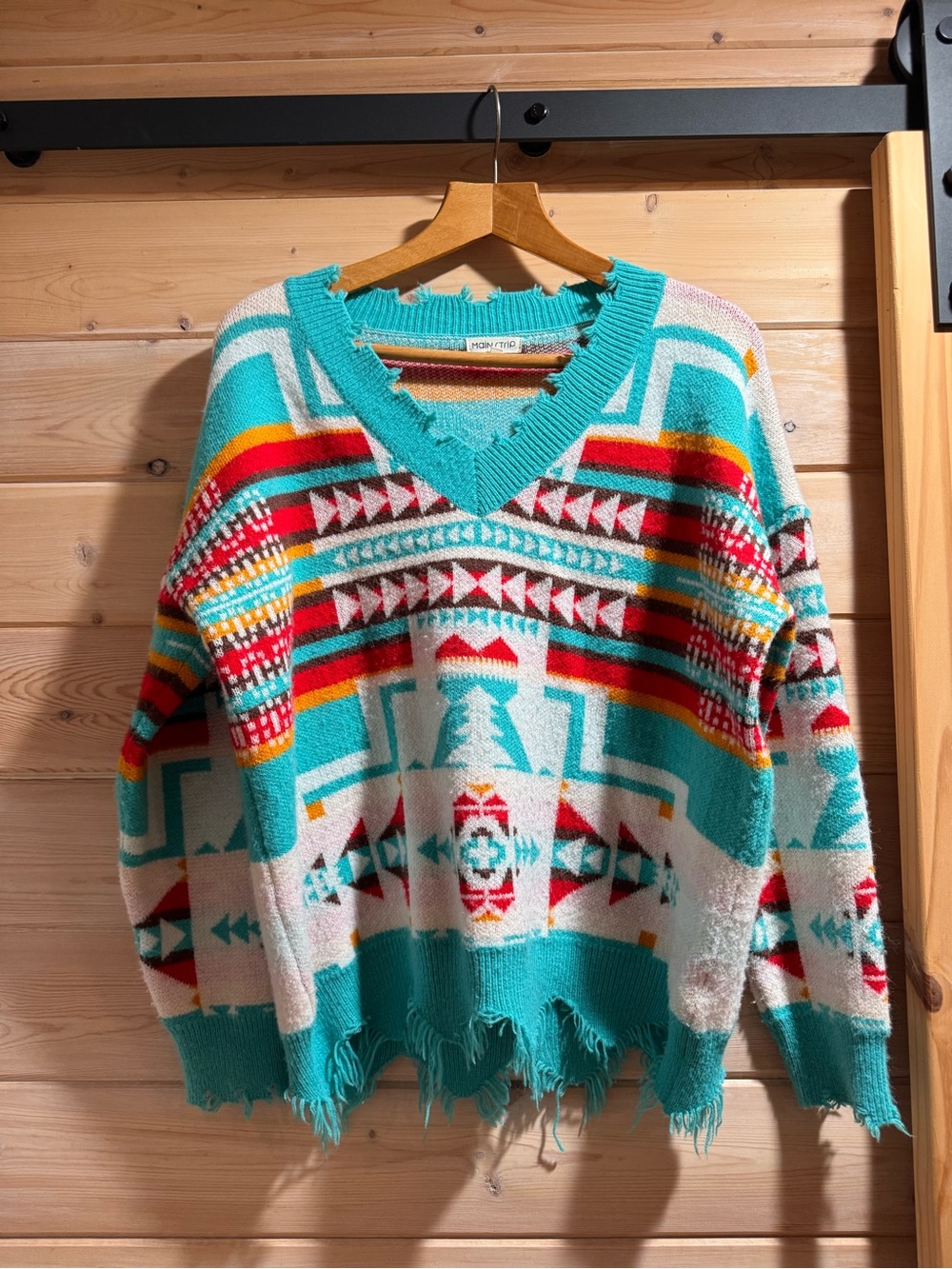 Boho Aztec Fringe V-Neck Sweater - Turquoise Multi
